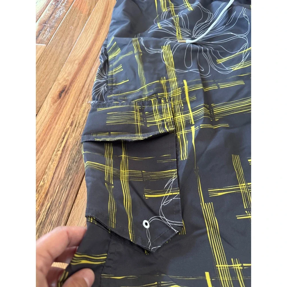 Starting Point Mens 2XL Board Shorts Gray Yellow Floral Plaid Cargo Swim Trunks